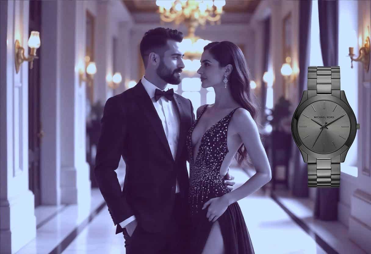 A luxurious photo of a stylish couple in an opulent hallway with ornate decor. The man is wearing a sharp black evening suit with a tailored fit, a crisp white shirt, and a classic bow tie. He has a confident stance, his hand casually in his pocket. The woman is dressed in a glamorous, floor-length gown with intricate beadwork, featuring a plunging neckline and an elegant slit, exuding sophistication. Her makeup is flawless, and her hair is styled in loose waves. The hallway is grand, with high ceilings, golden chandeliers, marble flooring, and gilded mirrors reflecting the soft, warm lighting. The couple radiates confidence and poise, epitomizing high-end fashion and elegance. The couple are looking at each other